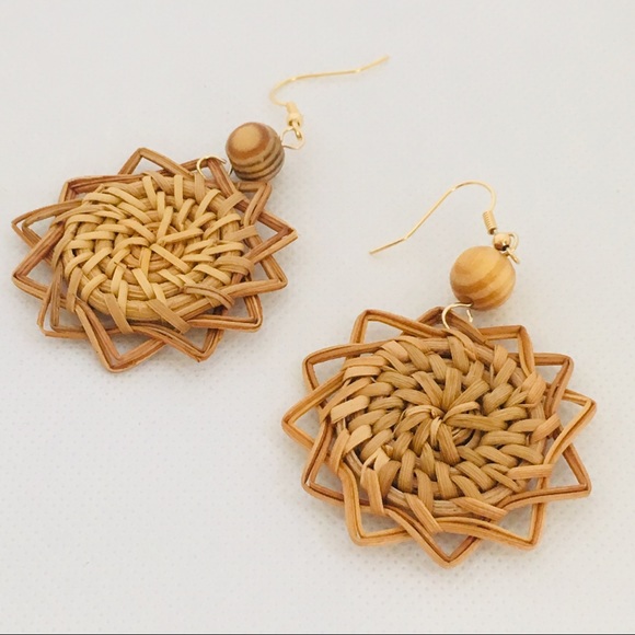 Wicker Rattan Wood Bead Geometric Drop Earrings - Picture 3 of 7
